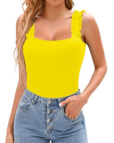 HERLOLLYCHIPS Sexy Tank Tops for Women Square Neck Ruffle Strap Ribbed Knit Tight Stretchy Sleeve... | Amazon (US)