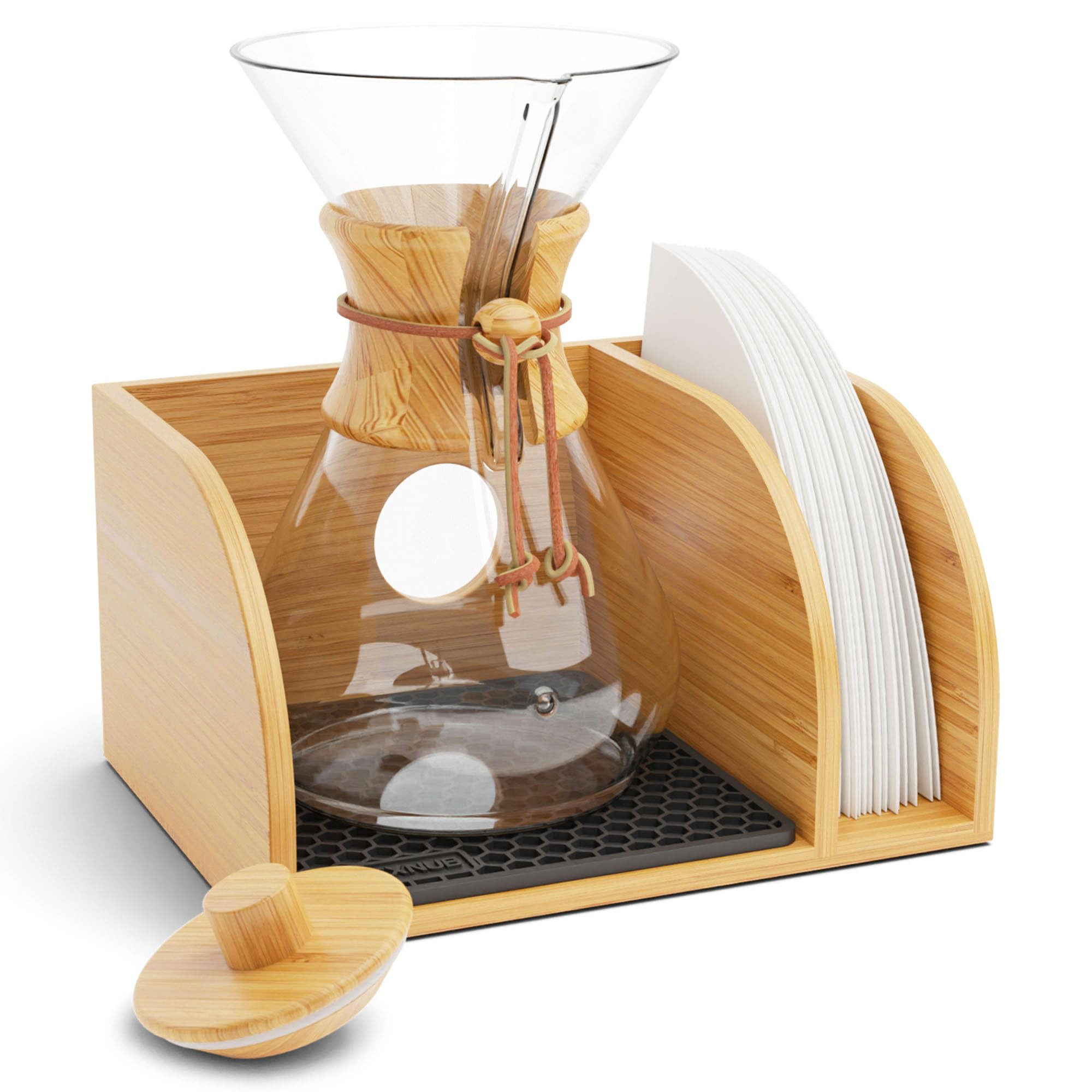 HEXNUB Caddy and Lid for Pour Over Coffee Maker, Bamboo Stand fits Chemex, Bodum, Cosori Coffee Carafes, Heatproof Mat, Filter Holder - Black Mat | Amazon (US)