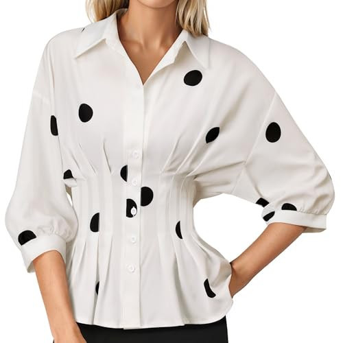 Women Polka Dot Pleated Peplum Blouse 3/4 Sleeve Button Down Cinched Waist Shirt Fitted Flattering Office Daytime Top | Amazon (US)