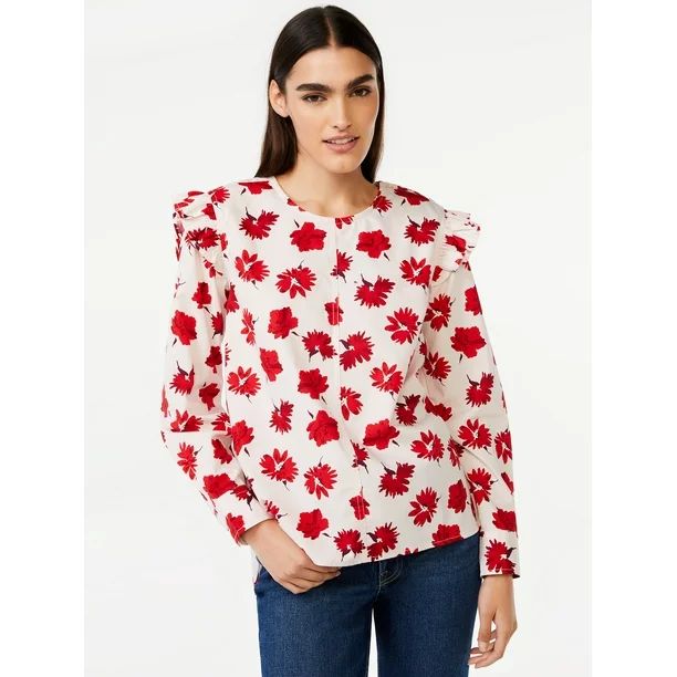 Free Assembly Women's Button Shoulder Blouse with Long Sleeves | Walmart (US)