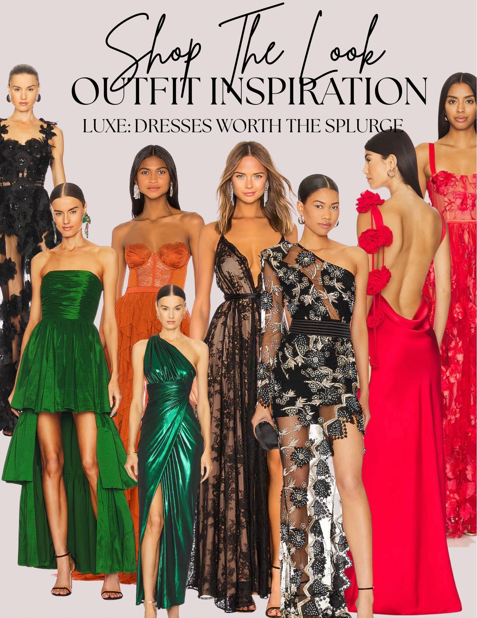 Luxe quality holiday evening special event date night wedding guest outfit. Black lace dress. Red satin maxi dress. Green high low dress. 

#LTKGiftGuide #LTKWedding #LTKHoliday