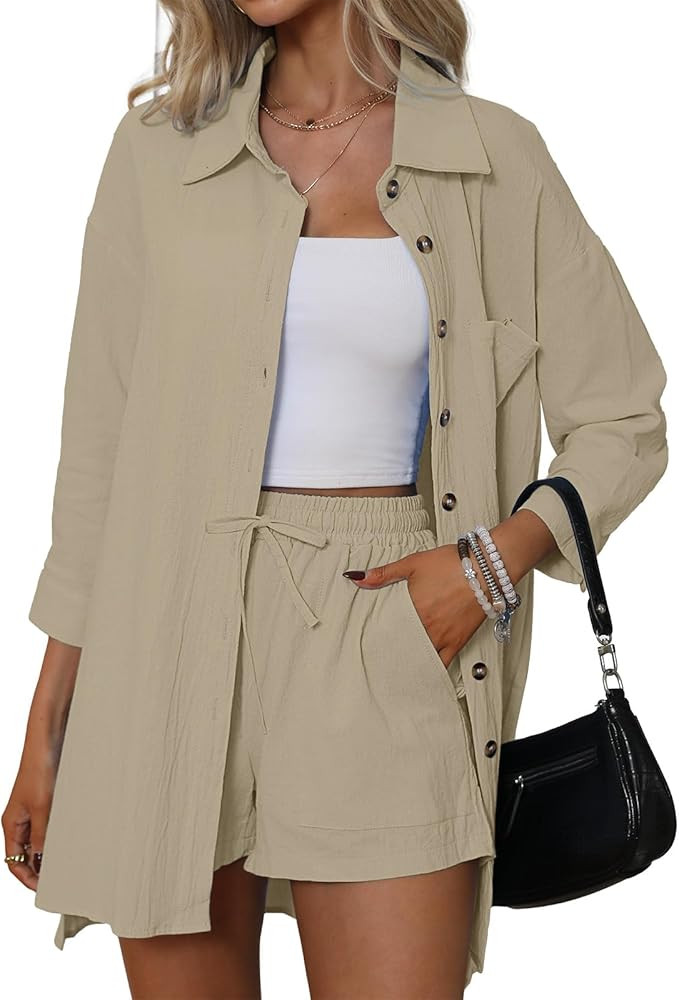 Women's 2 Piece Cotton Linen Set, 3/4 Sleeve Drap Shoulder High Low Button Down Shirt & Drawstrin... | Amazon (US)