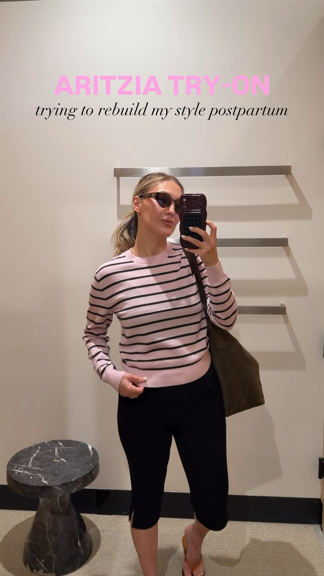 Aritzia try-on postpartum 

Pink striped crewneck - size S/P (sooo good!!) 
Capris pants - size 6 (Soooo good!!)
Striped cotton t-shirt blue - S/P
cashmere cardigan - size S/P, heather nomad taupe
Brown pleated shorts size 2 (I’d size up one or two sizes) 
Black pleated shorts - size 6, TTS
White cotton long sleeve- size S/P

Cateye women’s polarized sunglasses - in coffee and crème 
Jelly sandals in caramel, TTS or size one up
Suede bucket bag - in olive, linked the new version

Aritzia haul 
Aritzia favorites 
Postpartum outfits 
Fall outfits 
Transitional fall outfits 
Madewell handbag

@Aritzia @Madewell

#LTKmomlife #LTKdayinmylife #LTKselfcare