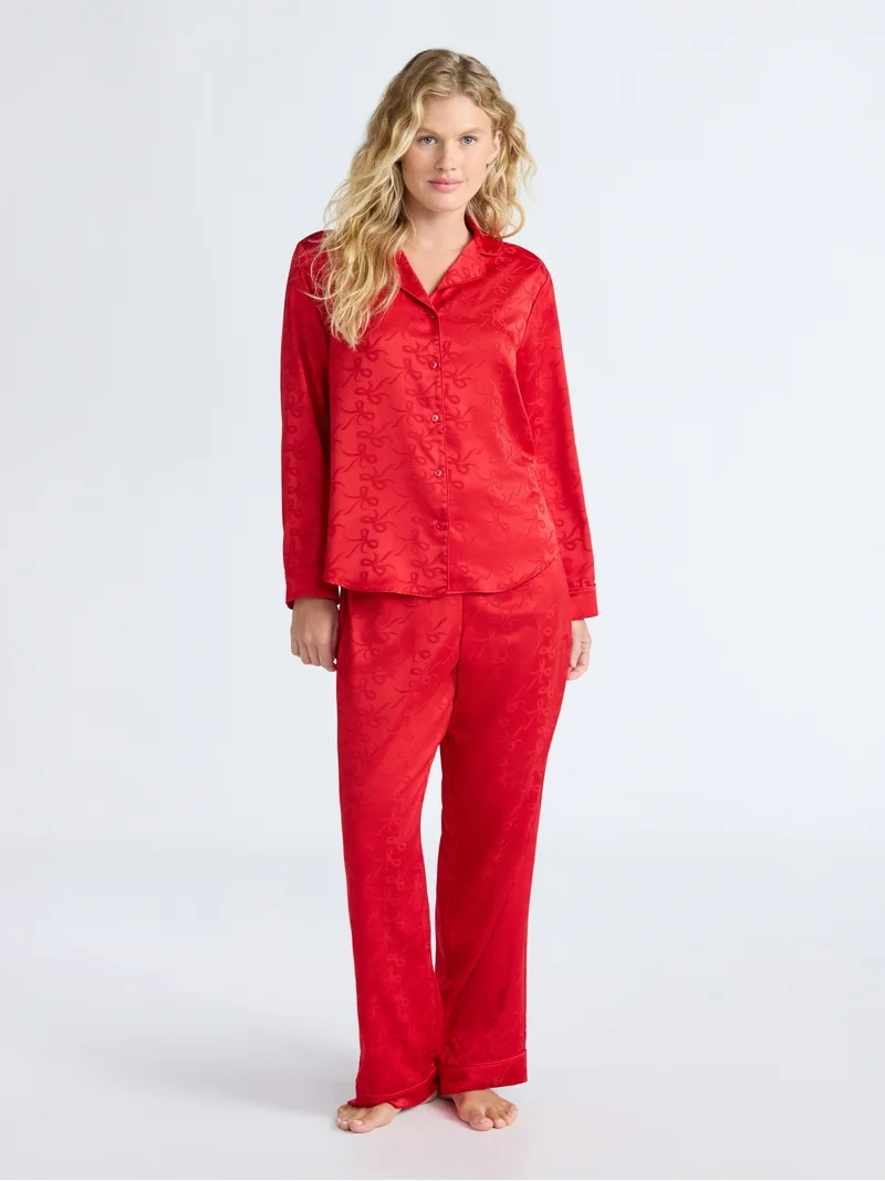 Joyspun Women’s Stretch Satin Notch Long Sleeve Top and Pants Pajama Set, 2-Piece, Sizes XS-3X | Walmart (US)