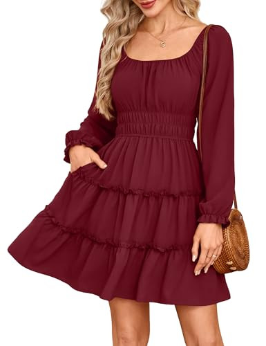 Amoretu Women’s Long Sleeve Square Neck Dress with Pockets Tiered Ruffle A-Line Flowy Fall Mini Dresses (Burgundy, XL) | Amazon (US)