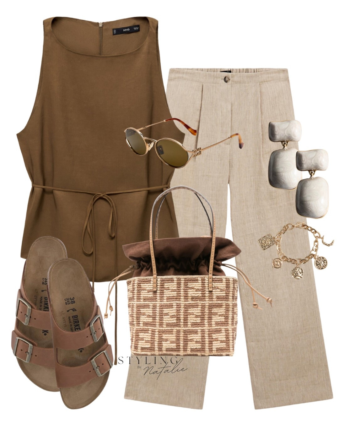 Neutral summer outfit-
Tie waist top, tailored linen trousers, Birkenstock sandals, Fendi raffia bag, Miu Miu sunglasses and pearl earrings. Earthy tones, statement earrings,  woven bag, summer casual chic, brunch outfit, everyday look. 

#LTKeurope #LTKsummer #LTKuk