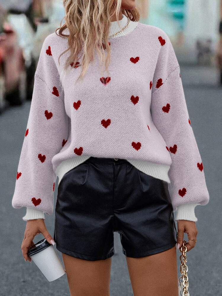 Heart Pattern Mock Neck Drop Shoulder Sweater | SHEIN