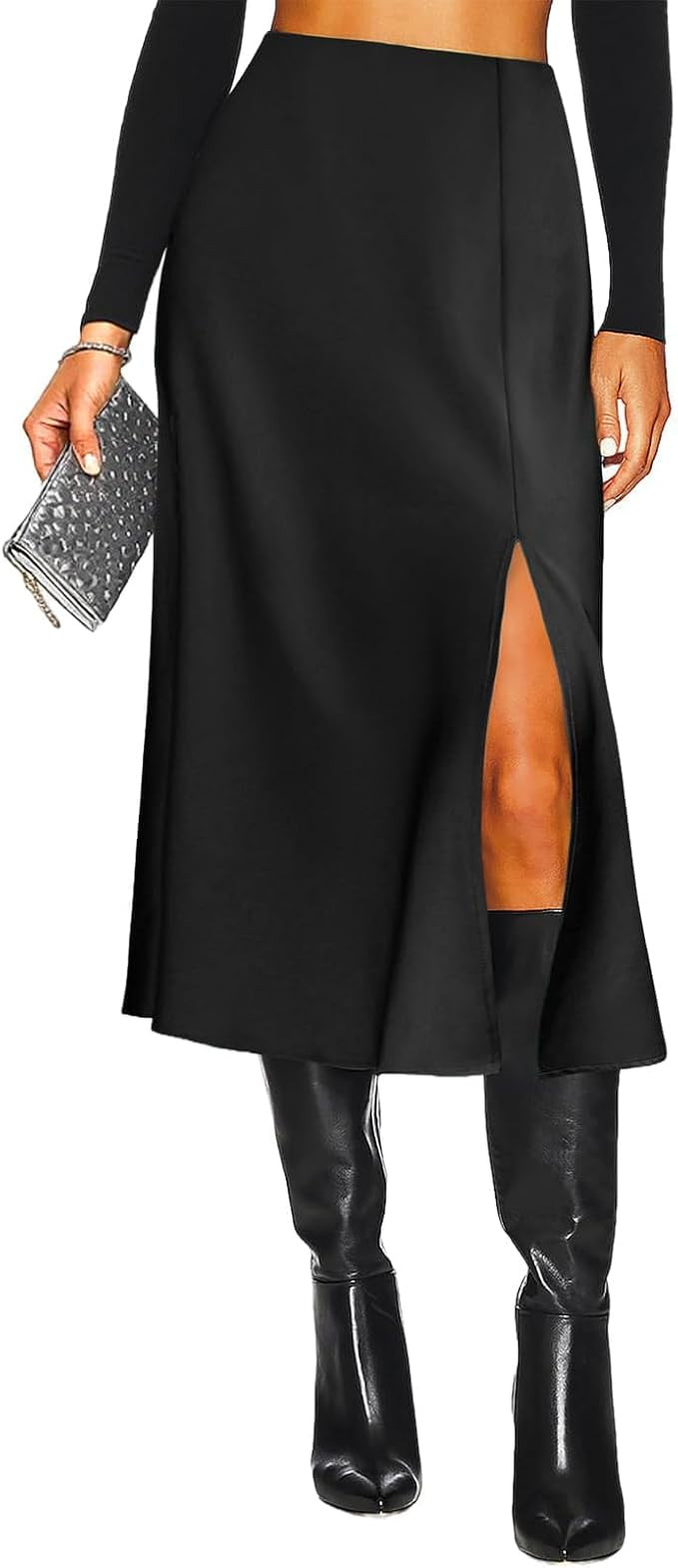 Women's Side Slit A Line Satin Midi Skirt Elastic High Waisted Cheetah Leopard Print Silk Long Sk... | Amazon (US)