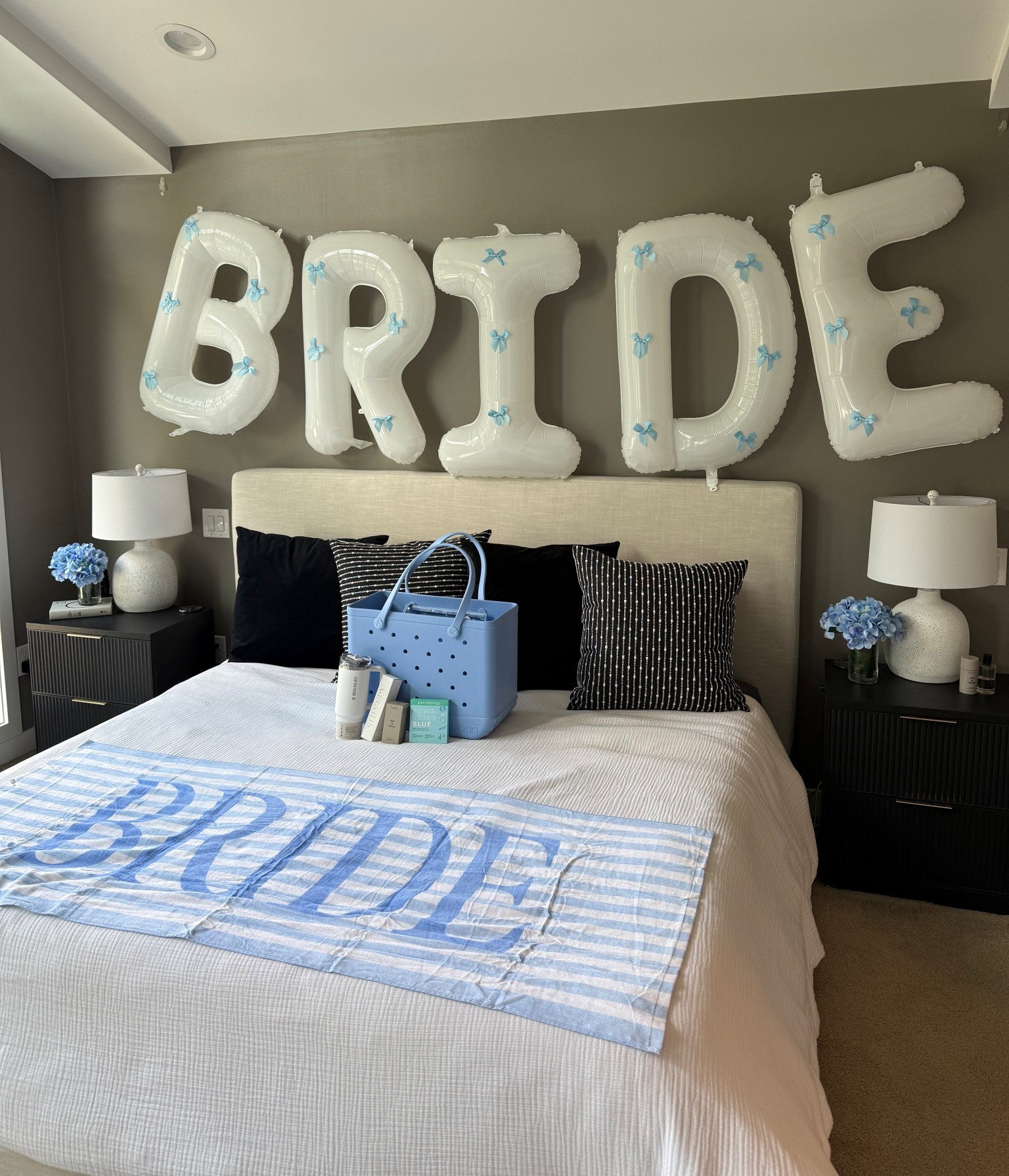 Something Blue Before I Do Bach Decor: 
Linking the BRIDE Balloons with Blue Ribbons, BRIDE towel, Blue Bogg Bag, Shinery Hand Wash & Jewelry Cleaner, White Stanley for the bride’s bridal festivities and Something Blue eye patches! 🩵🤍 

#LTKWedding
