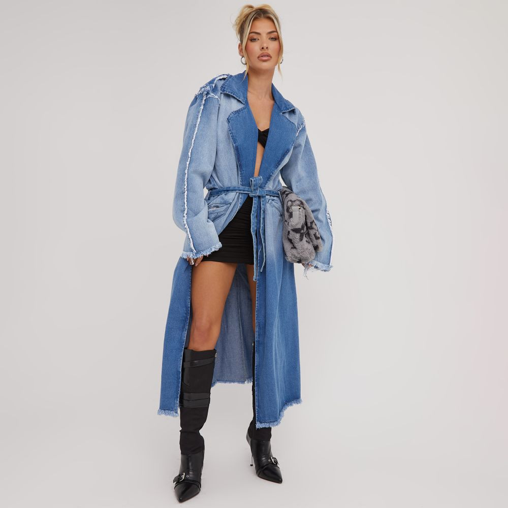 Tie Waist Distressed Detail Longline Trench Coat In Blue Denim | EGO Shoes (US & Canada)