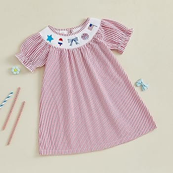 Toddler Little Baby Girl Summer Outfit Smocked Dress Puff Short Sleeve Stripes Dresses Kids Bouti... | Amazon (US)