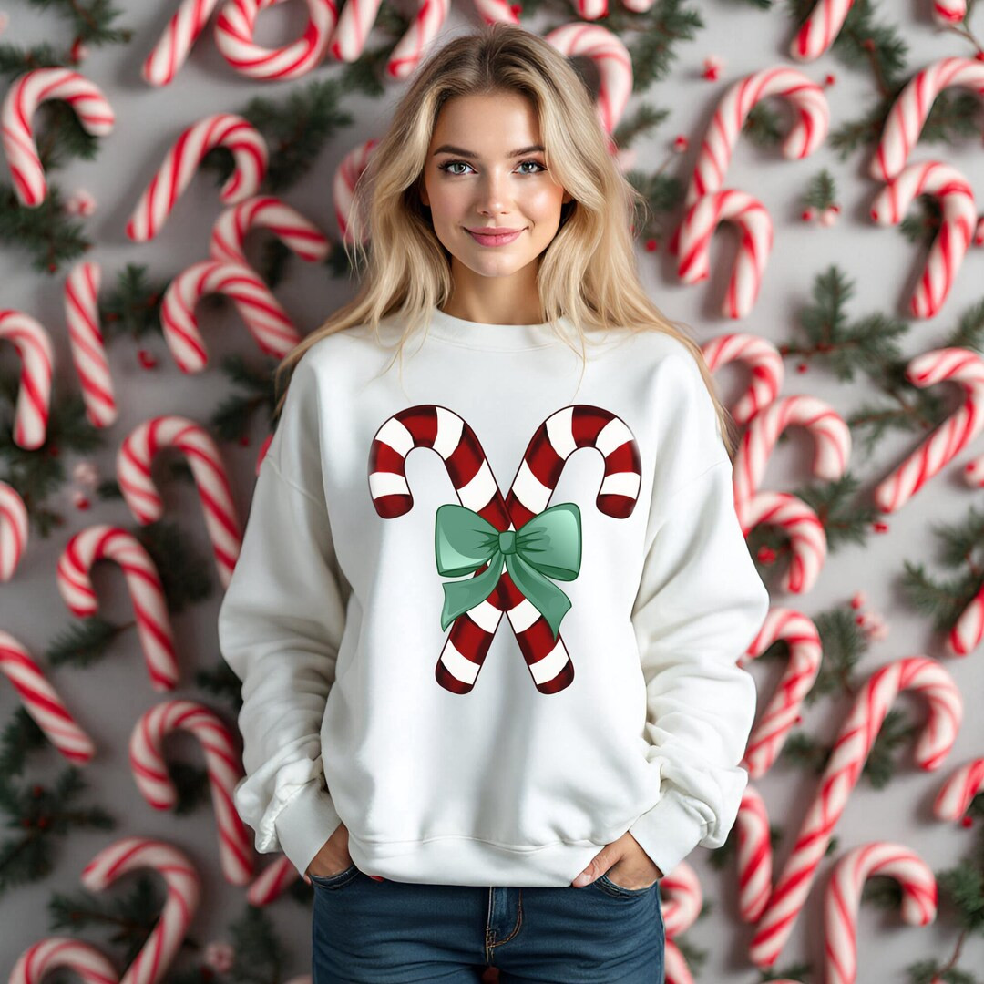 Candy Cane Sweatshirt, Christmas Shirt for Women, Bow Sweatshirt, Holiday Crewneck, Christmas Coq... | Etsy (US)