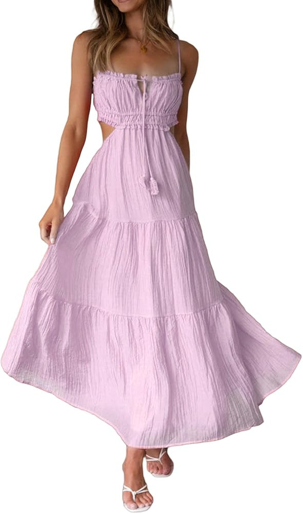 NUFIWI Women Summer Boho Cutout Long Dress Sleeveless Tiered Ruched Boho Cami Dress Flowy Tie Back B | Amazon (US)