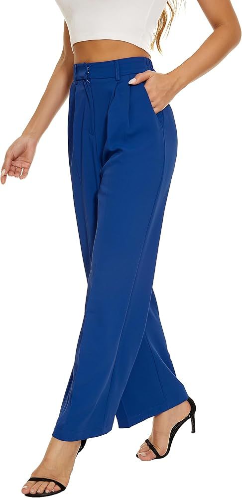 Women Wide Leg High Waist Wide Leg Pants Loose Fit Back Elastic Waist Pleated Front Trousers for ... | Amazon (US)