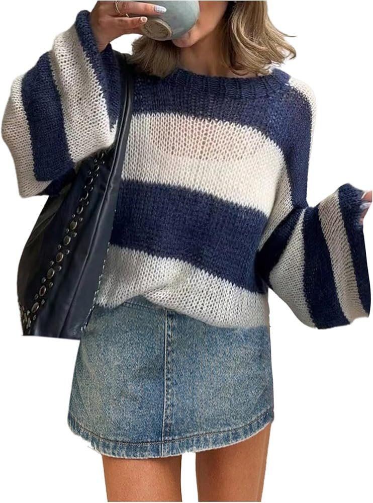 GORGLITTER Women's Flare Long Sleeve Striped Sweater Y2k Oversized Color Block Crewneck Crochet K... | Amazon (US)