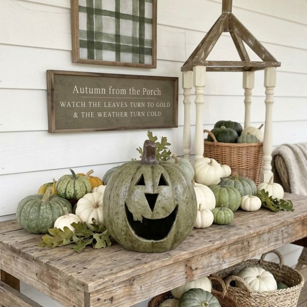 Rustic Green Big Mouth Jack O Lantern 11 Inch | Antique Farm House