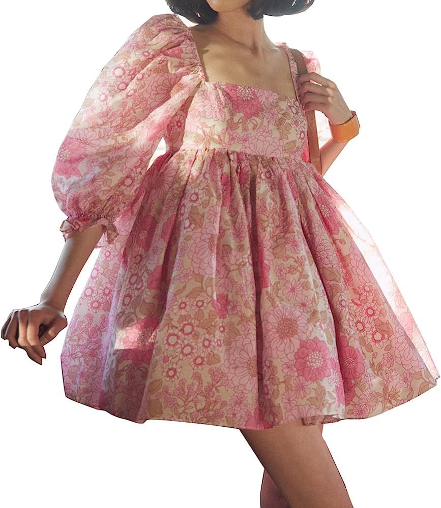 Women's Puff Sleeve Tulle Princess Dress Square Neck Mesh Ruffle Bubble Princess Mini Dress | Amazon (US)