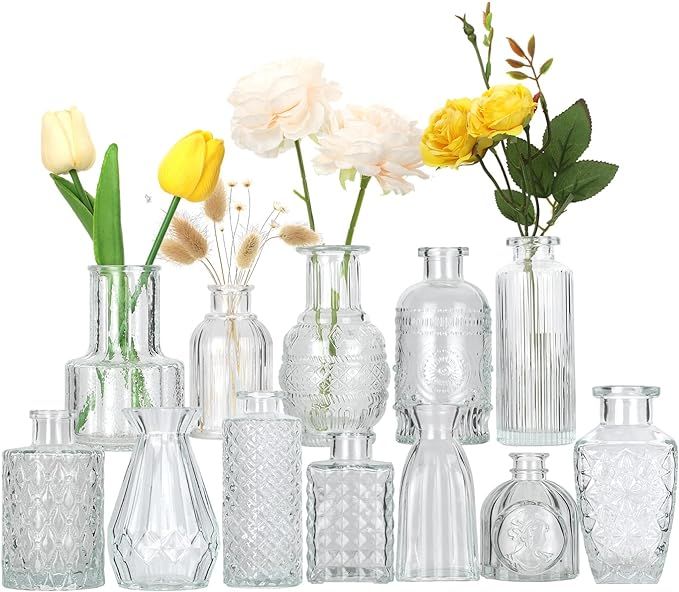 Glass Bud Vases Set of 12,Small Carved Vases for Centerpieces,Clear Bud Vases in Bulk,Flower Arra... | Amazon (US)