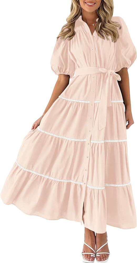 PRETTYGARDEN Womens Summer Button Down Shirt Dress Short Puffy Sleeve Tiered Ruffle Flowy Long Ma... | Amazon (US)