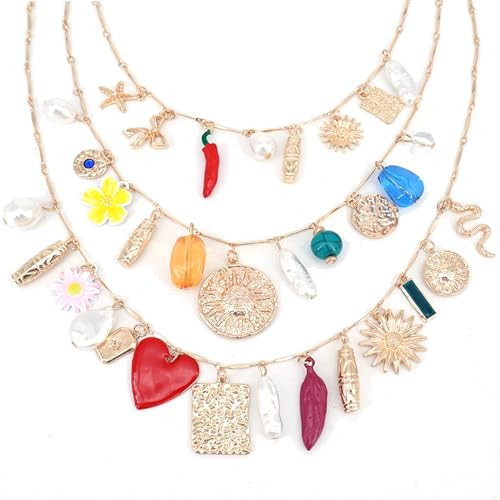 GOGZBD 3 Pcs Layered Pendant Necklaces for Women Sea Shell Beach Charm Beaded Choker Necklace for Summer Holiday Party (Colorful charms) | Amazon (US)