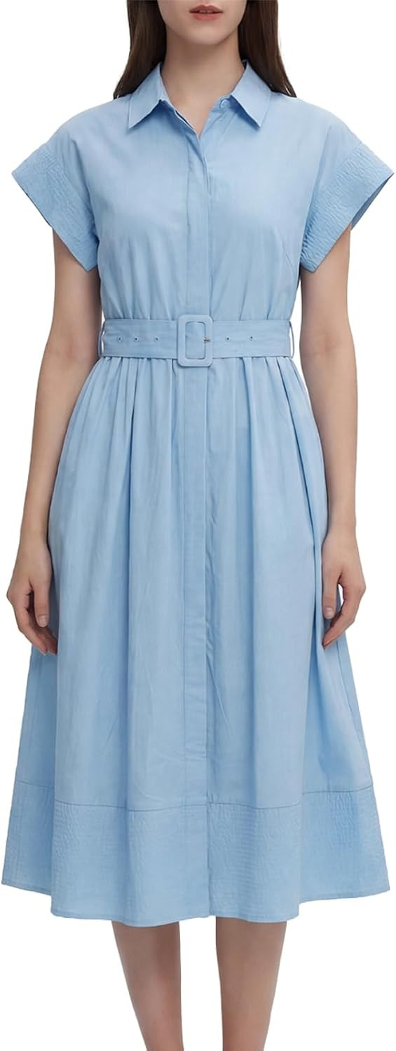 EZAPINE Womens Summer Shirt Dress Casual Button Down Long Dress with Belt | Amazon (US)