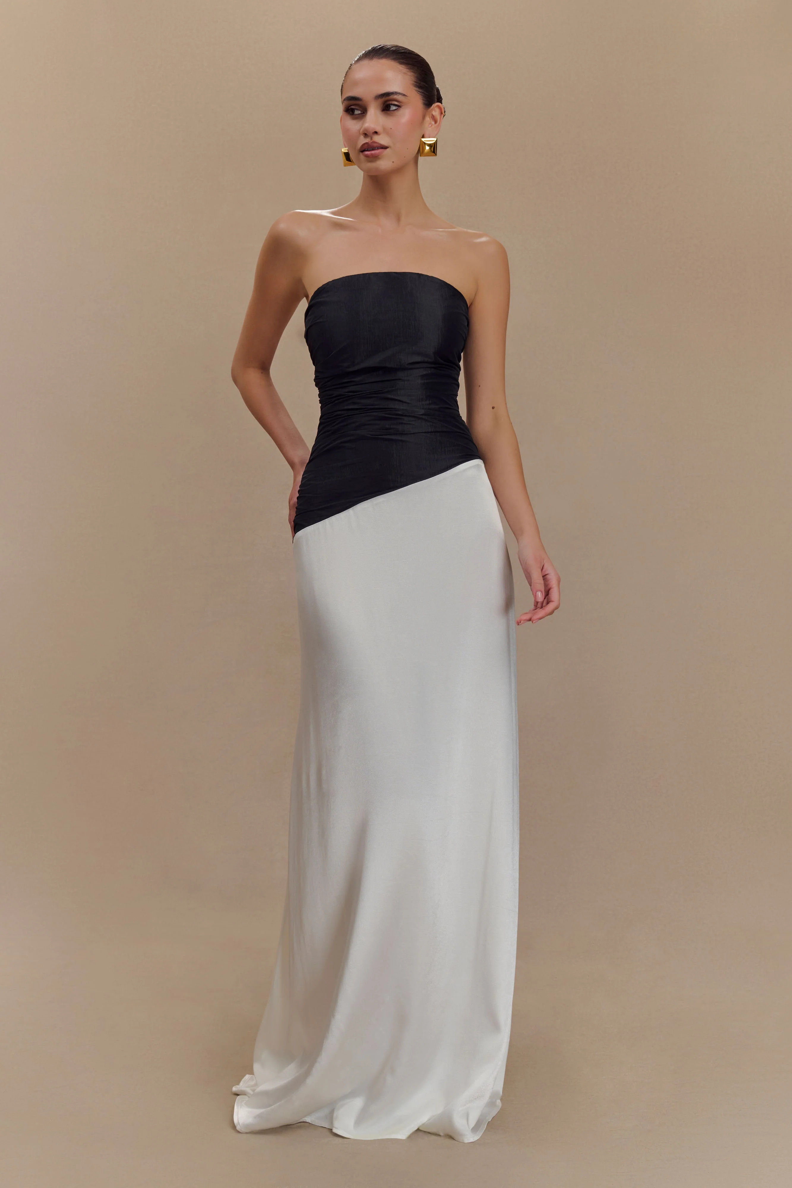 Serena Strapless Taffeta Maxi Dress - White/Black | MESHKI US