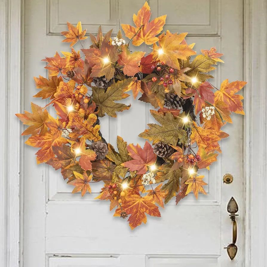 Artgar Fall Wreath - Fall Wreaths for Front Door - 24" Fall Decor Wreath with 30 Warm Lights, Pin... | Amazon (US)