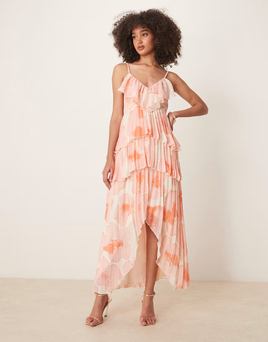 ASOS DESIGN frill layered asym pleat dress in watercolour floral print-Multi | ASOS (Global)