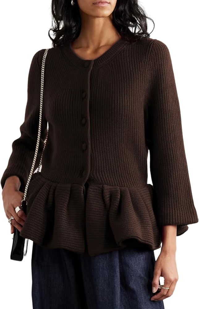 Dqbeng Womens Peplum Cardigan Sweater Elegant Ribbed Button Down Knit Top Flared Hem Knitwear | Amazon (US)