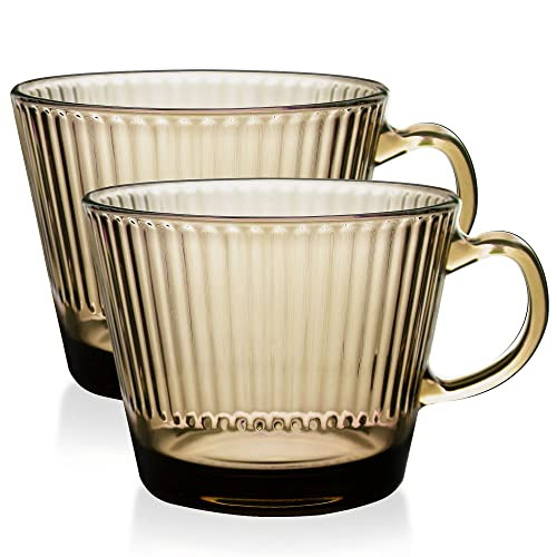 WHJY Ember Glass Coffee Mugs, Stripes Green Glass Cups, Set of 2 Stackable Coffee Cups, Tea Cups, Vintage Mugs for Cappuccino, Latte, Cereal, Beverages,14 oz - Amber | Amazon (US)