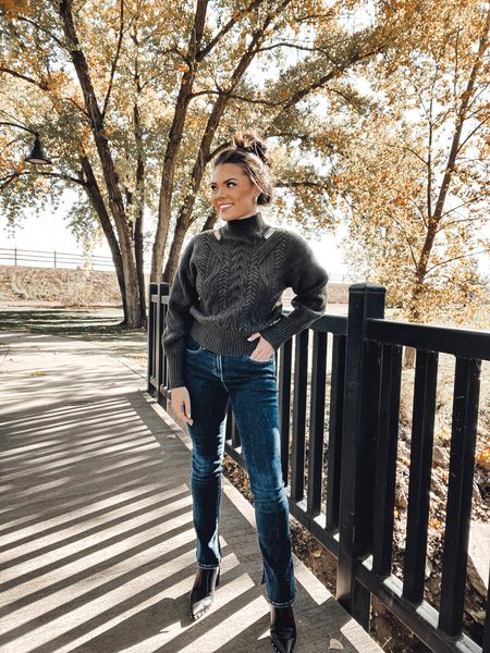 Green sweater with cutouts paired with mid rise dark wash skyscraper denim both from express  

#LTKSeasonal #LTKstyletip #LTKunder100