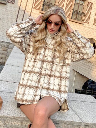 Flap Pocket Plaid Tweed Coat | SHEIN