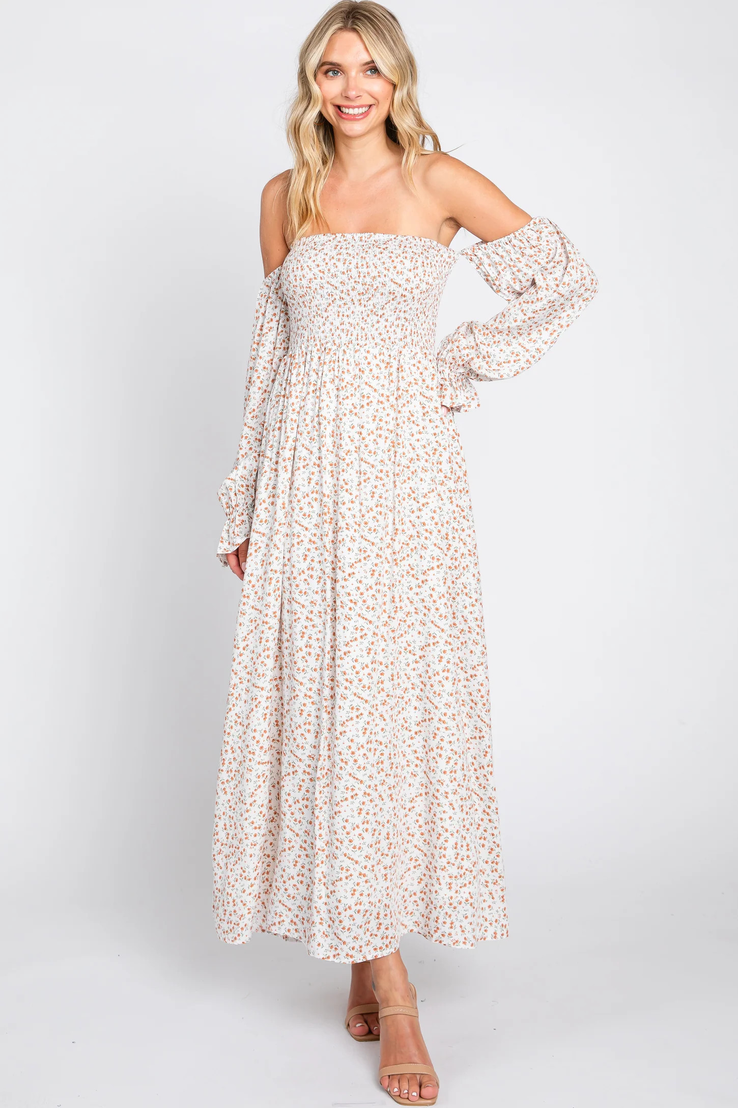 Cream Floral Square Neck Smocked Long Sleeve Maternity Maxi Dress | PinkBlush Maternity