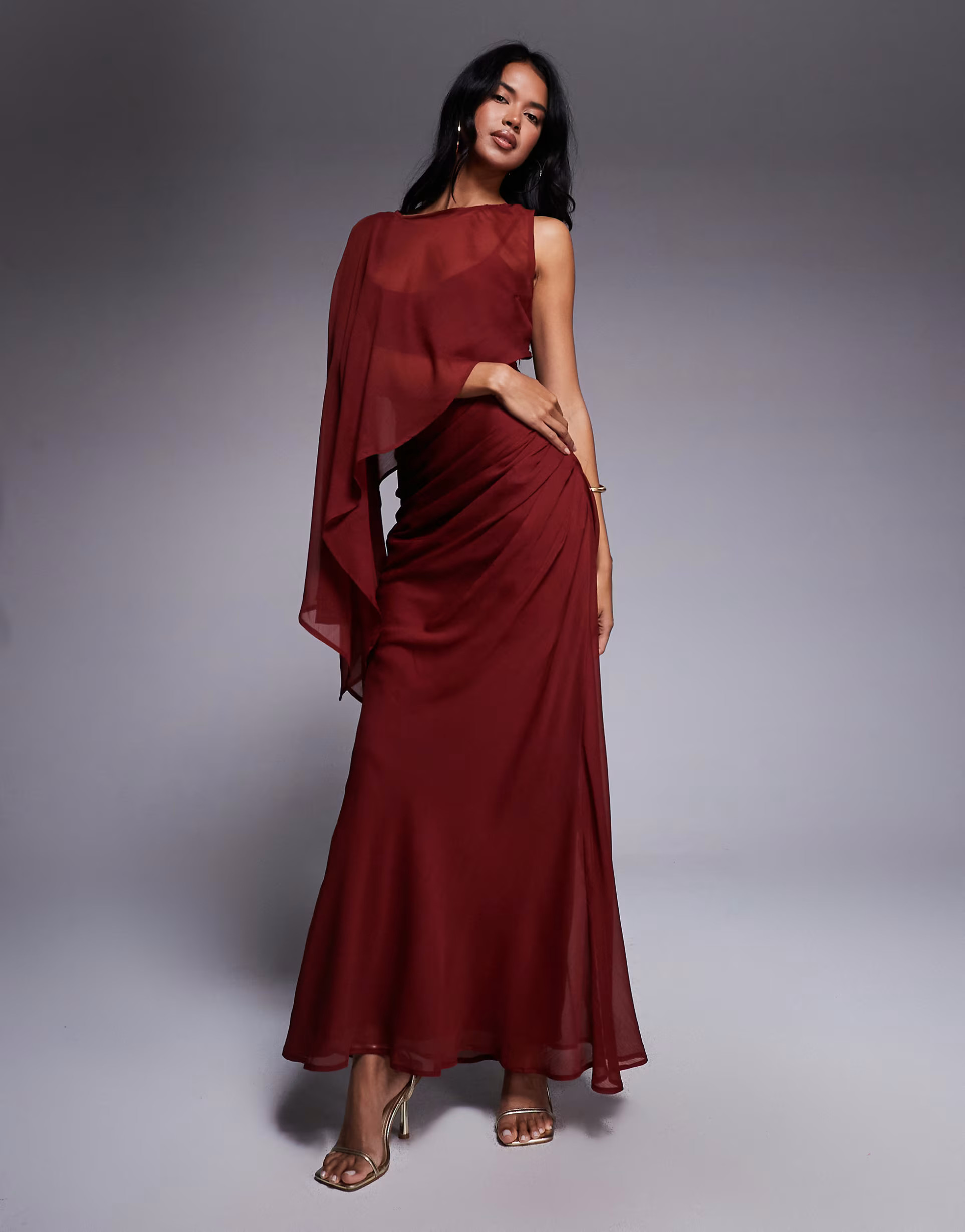 ASOS DESIGN layered sleeve overlay maxi dress with draped skirt in rust | ASOS (Global)