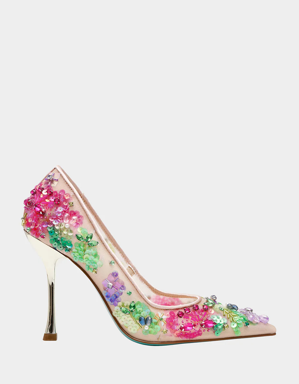 NETTA NUDE MULTI Women's Floral Embellished Nude Mesh High Heel | Betsey Johnson