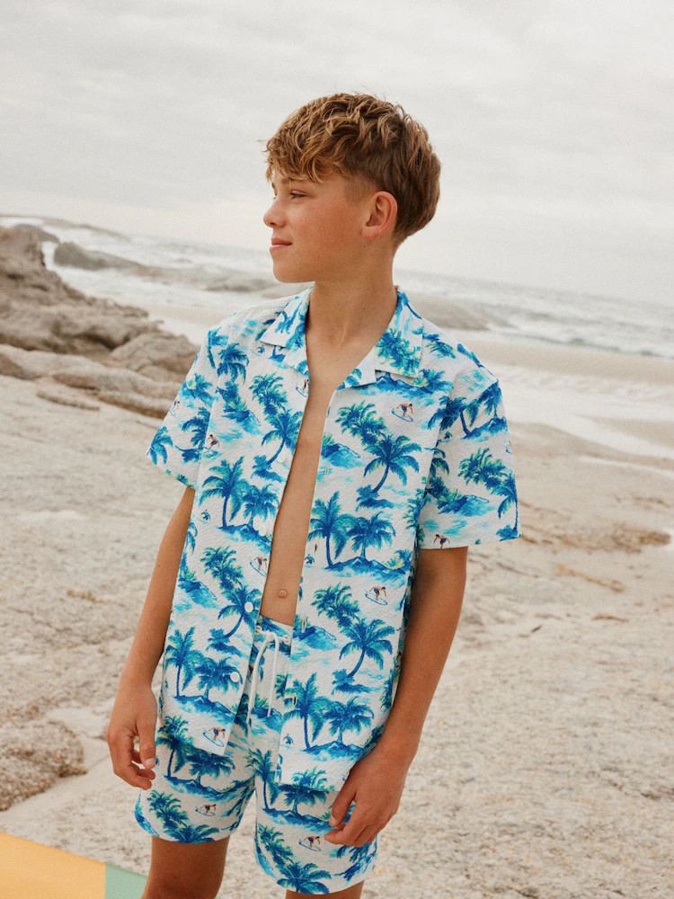 Light Blue Palm Swim Shorts and Shirt Set (3-16yrs) | Next US