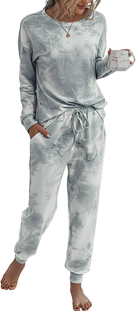 PRETTYGARDEN Women’s Tie Dye Two Piece Pajamas Set Long Sleeve Sweatshirt with Long Pants Sleepwear | Amazon (US)