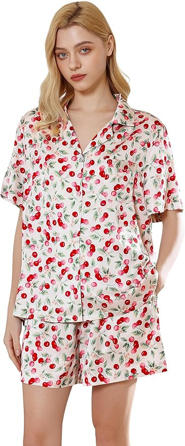 Womens Silk Satin Shorts Pajamas Set Button Down 2 Piece Pjs Short Sleeve Oversized Sleepwear wit... | Amazon (US)