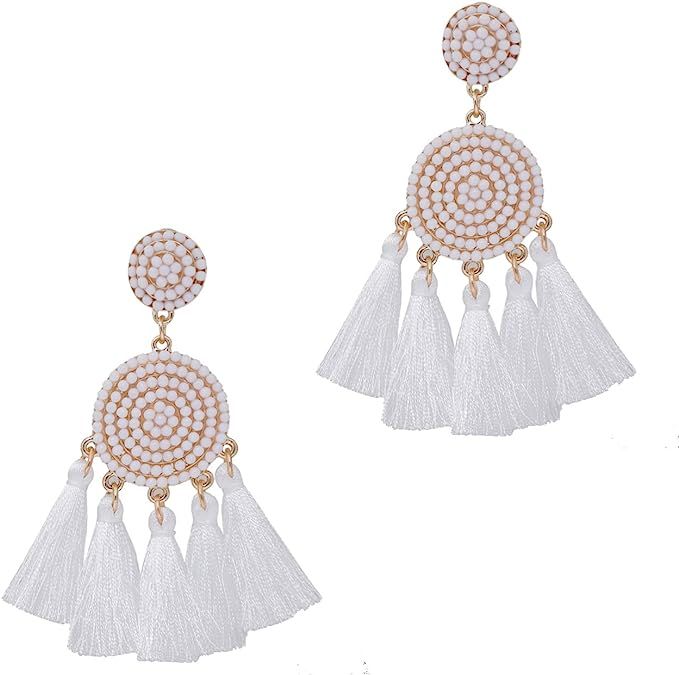 XOCARTIGE Beaded Tassel Earrings for Women Thread Fringe Drop Dangle Earrings Bohemia Statement S... | Amazon (US)