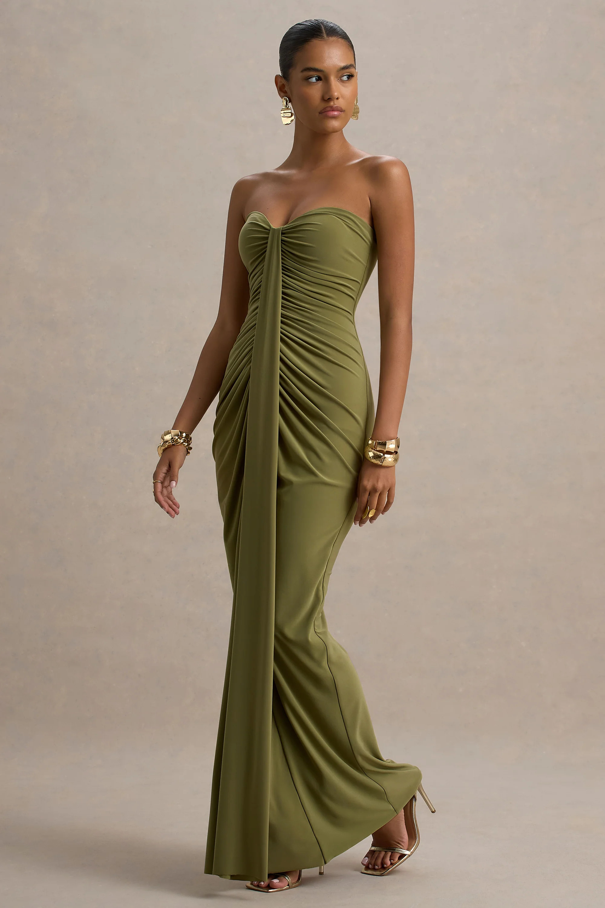 Ali | Olive Sweetheart Ruched Wrap Maxi Dress | Club L London