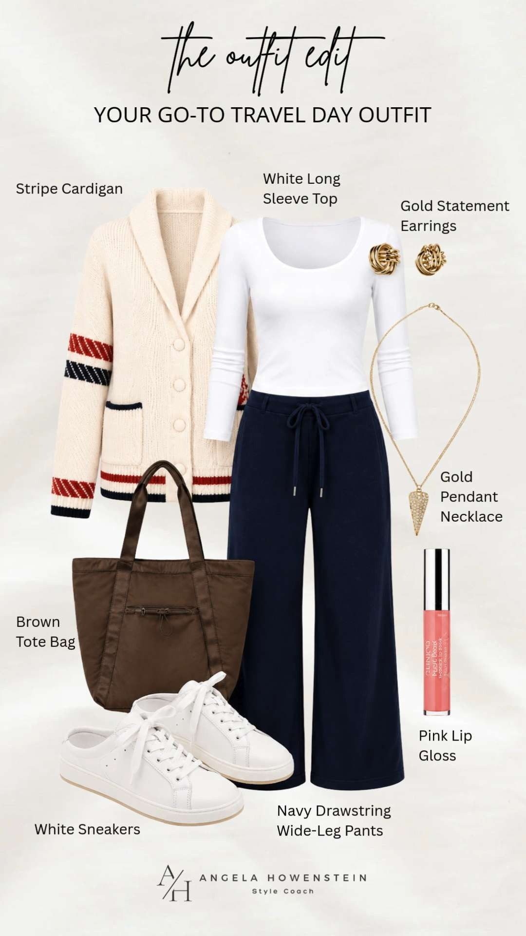 A striped cardigan, long sleeve tee, and wide-leg travel pants create the perfect airport outfit, while white sneakers and a roomy tote keep everything practical for travel days, road trips, and sightseeing.

❤️ Heart = Support my posts
🔖 Save = Get sale & restock alerts
🛍️ Follow me on LTK for more effortless style.

#LTKootd #LTKSeasonal #LTKOver40