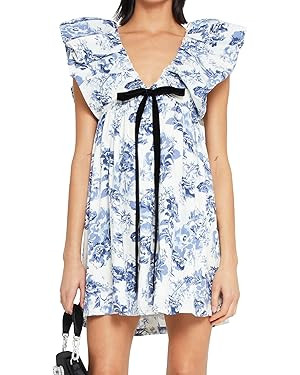 Womens Flower Bow Dress Deep V Neck Elegant Mini Dress Puffy Sleeve Boho Floral Bow Dress Flowy D... | Amazon (US)