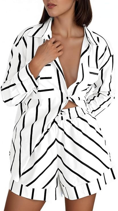 Tankaneo Womens Striped 2 Piece Outfits Button Down Shirts and Shorts Lounge Matching Sets | Amazon (US)
