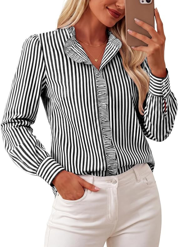 GRACE KARIN Women Dressy Casual Tops Striped Button Down Shirt | Cotton Work Tops Business Outfit... | Amazon (US)