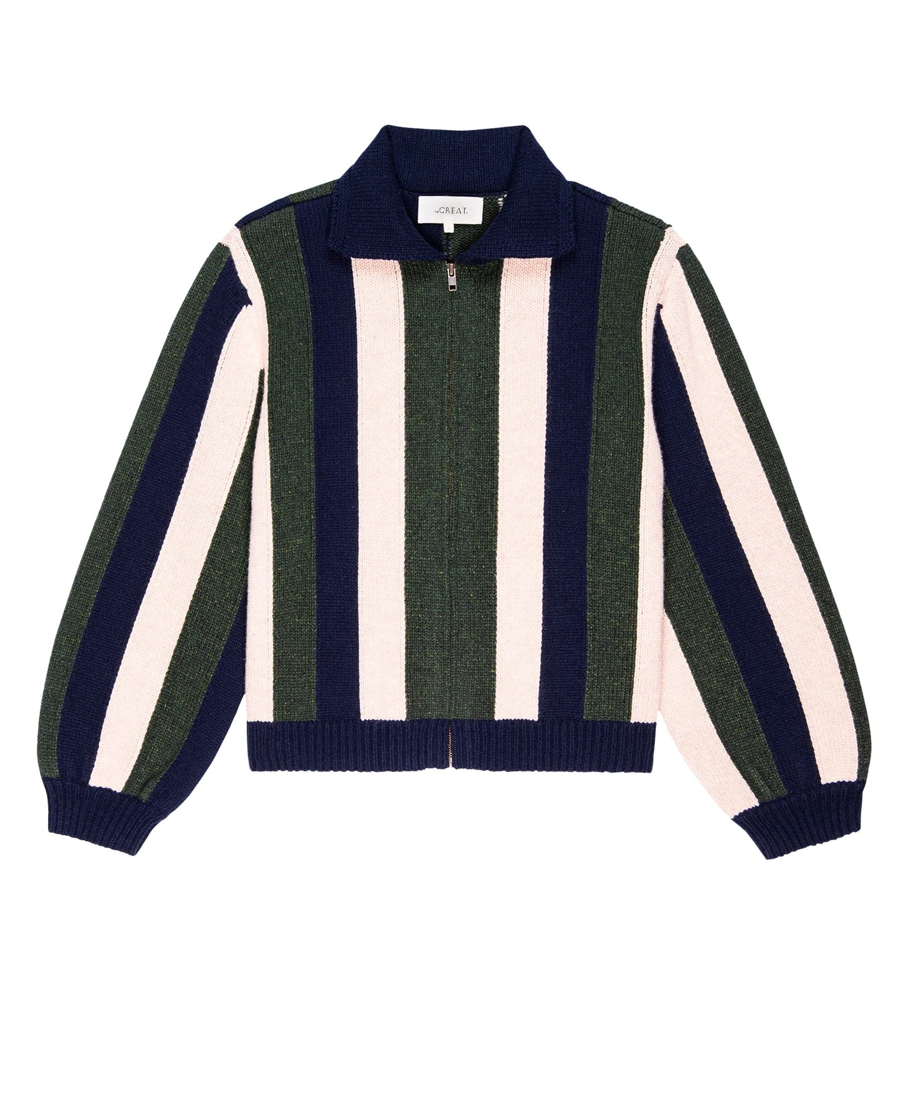 The Zip Front Cardigan. -- Olive Vine Stripe | THE GREAT.