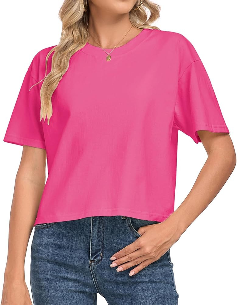 Women's Short Sleeve Crop Tops Cotton T Shirts Crew Neck Summer Clothes Casual Loose Solid Tees | Amazon (US)