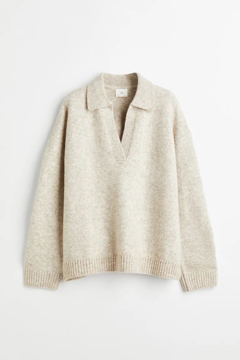 Fine-knit Collared Sweater - Light beige/striped - Ladies | H&M US | H&M (US + CA)