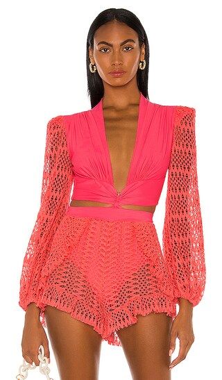 Crochet Sleeve Bodysuit in Neon Coral | Revolve Clothing (Global)