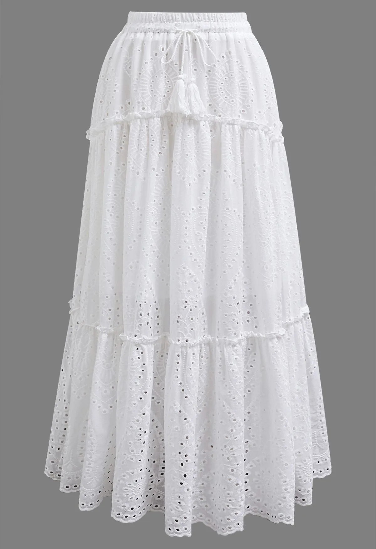 Eyelet Embroidery Tassel String Maxi Skirt in White | Chicwish