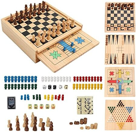 GSE Wooden 9-in-1 Chess, Checkers, Backgammon, Dominoes, Cribbage Board, Tic-Tac-Toe, Ludo, Playing  | Amazon (US)